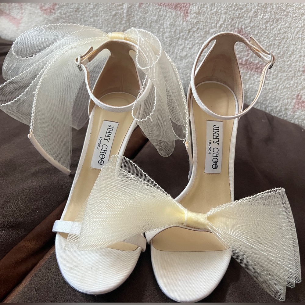 Jimmy Choo White Heels with Elegant Tulle Accents